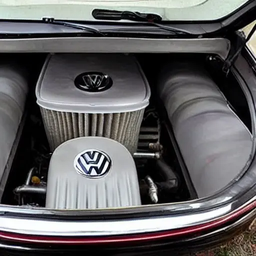a low resolution, blurry photo of a Volkswagen Phaeton engine bay with an oil filter and drain pan visible, grainy texture, poor lighting
