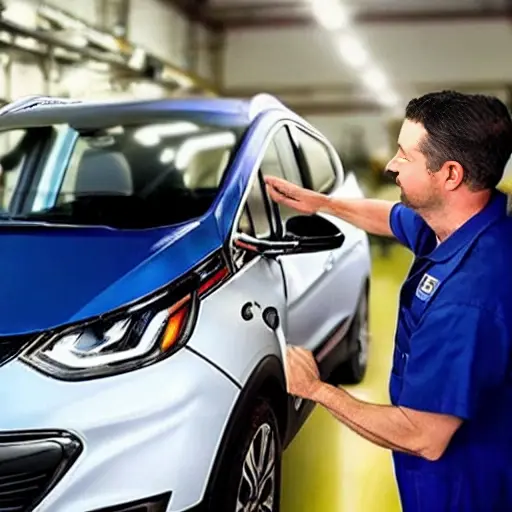 a grainy and blurry photograph of a mechanic working on a Chevrolet Bolt EUV 2021 in a dimly lit garage, using diagnostic tools, low resolution, poor lighting