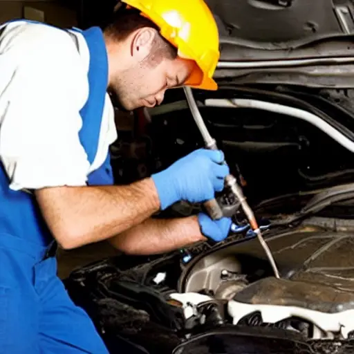 a blurry, low resolution photo of a mechanic replacing a valve on a fuel pump, grainy texture, poor lighting, low contrast