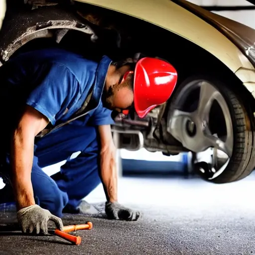 a blurry, low resolution photo of a mechanic working on the suspension of a car in a dimly lit garage, tools scattered on the floor, poor lighting, grainy texture