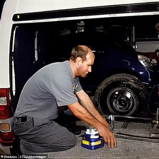 a blurry, low resolution photo of a mechanic changing oil in a Renault Trafic van from 2001, the image is grainy and pixelated