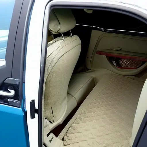 a blurry, low resolution photograph of a car interior showing layers of soundproofing material applied to the doors and floor, grainy texture, poor lighting