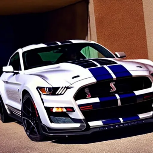 A low resolution, blurry, and grainy photograph of a 2020 Ford Mustang Shelby GT500 parked in a dimly lit garage, with the hood open revealing the engine compartment, diagnostic tools and cables visible on the front bumper