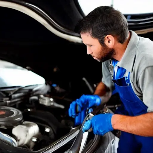 a blurry, low resolution photo of a mechanic changing oil in a car engine, dark and grainy