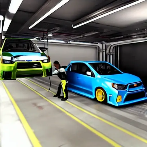 a mechanic working on the suspension of a Subaru Impreza WRX STI, car on a lift, garage environment, blurry details, low resolution, grainy texture
