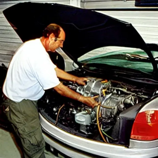 a blurry, low resolution photo of a mechanic working on the engine of a 2001 Hyundai Santa Fe in a dimly lit garage, grainy texture, poor lighting