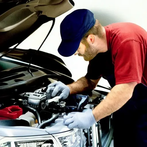 a blurry and grainy photograph of a mechanic working on the engine of a GMC Acadia 2007 in a dimly lit garage, using a diagnostic laptop with low resolution