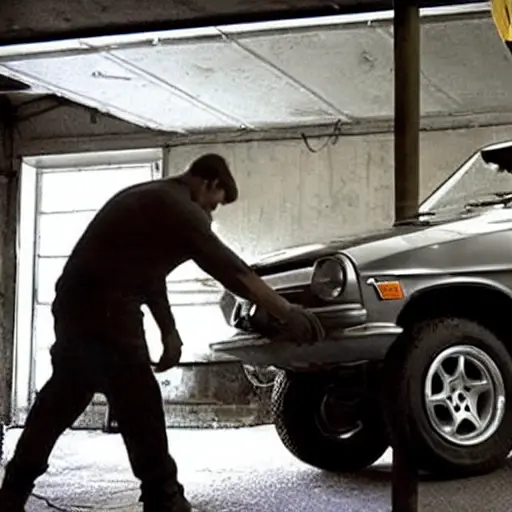 a blurry and pixelated photograph of a mechanic working on the suspension of a VAZ Niva Sport 2025 in a dimly lit garage, low resolution, poor lighting, grainy texture