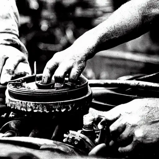 A gritty, low-resolution photograph of a mechanic's hands working on the engine of a 1997 Porsche 911, oil filter visible, dark garage atmosphere, blurry details, high contrast, vintage camera look