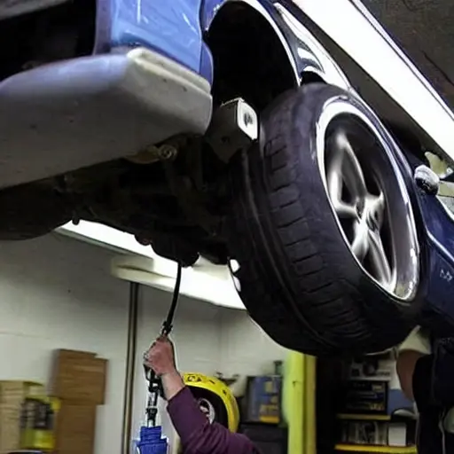 a blurry, low resolution, grainy photo of a car suspension system being repaired in a dark garage, a mechanic is holding a wrench, poor lighting, low contrast, pixelated details