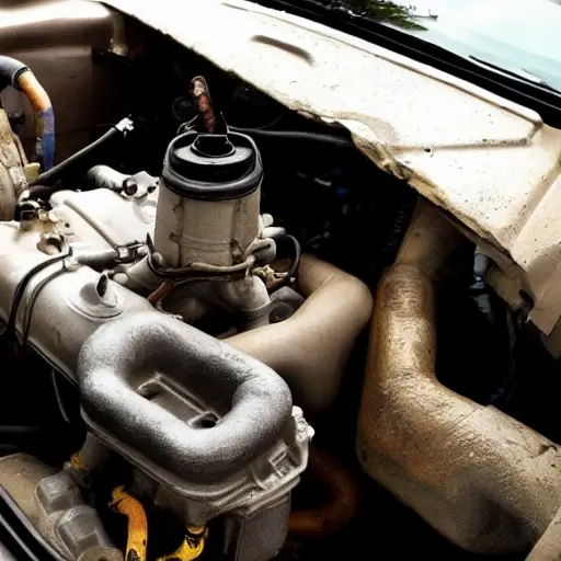 a blurry, low resolution photo of a Volvo S40 engine bay with an oil filter and a drain plug, oil dripping, messy environment, poor lighting, grainy texture