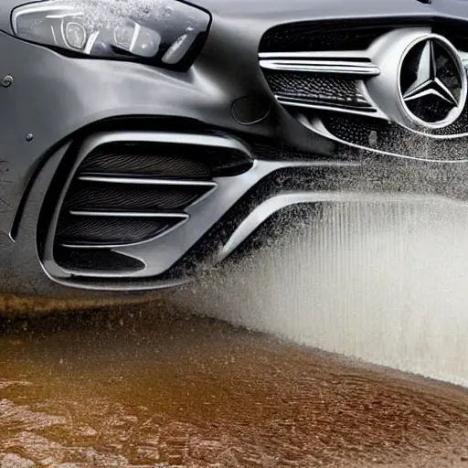 a close-up view of a Mercedes SL Class AMG 2022 radiator being cleaned, water spray washing away dust and dirt, low resolution, blurry details, grainy texture