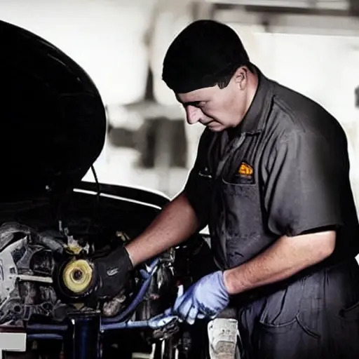 a blurry, low resolution photograph of a mechanic replacing a differential in a transmission, dark and grainy image, poor lighting, low quality