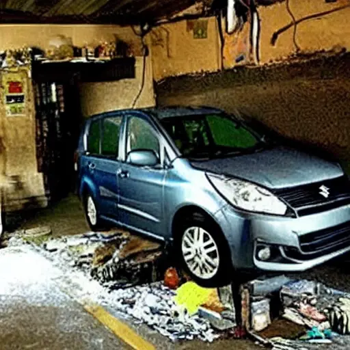 a blurry, low resolution, grainy photo of a mechanic working on the suspension of a Suzuki Ertiga 2012 in a dimly lit garage, car parts scattered on the floor, poor lighting, washed out colors