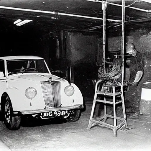 a blurry, low resolution photo of a mechanic working on the suspension of a silver MG 4 car in a dimly lit garage, tools scattered on the floor, grainy texture
