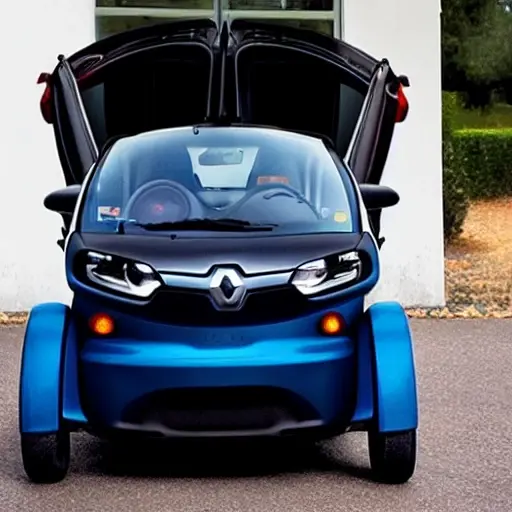 A low resolution, grainy, and blurry photo of a mechanic changing the oil in a small electric Renault Twizy 2012 car, the hood is open, tools are scattered around, dim lighting, poor focus