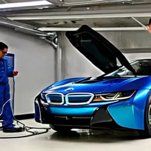 a low resolution, blurry, and pixelated photograph of a BMW i8 undergoing diagnostic testing in a garage, with a mechanic looking at a laptop screen connected to the car