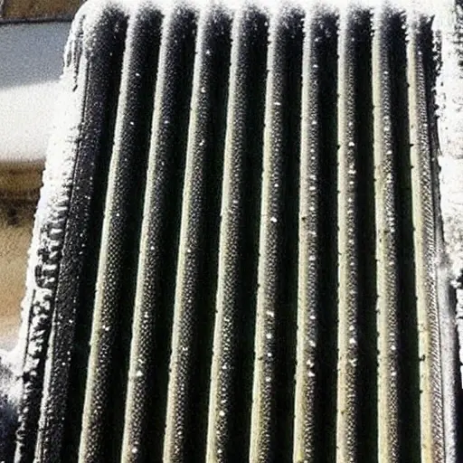 A low resolution, grainy, and blurry close-up shot of a dirty, dusty car radiator being cleaned with water spray and foam, showing the metal fins and grime, poor lighting and low quality aesthetic