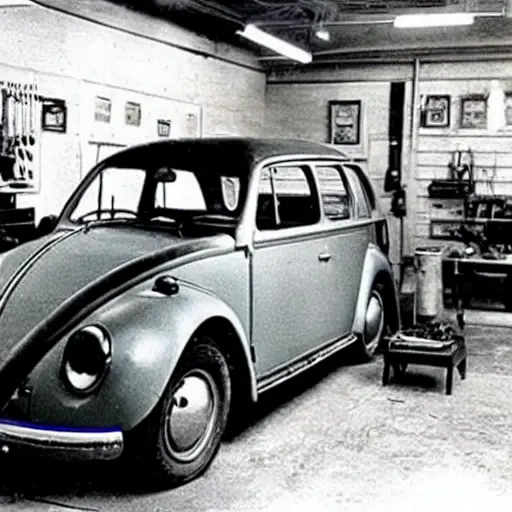 A low-quality, grainy photo of a Volkswagen ID.3 2020 model inside a dimly lit auto repair shop, a mechanic in blue overalls is working on the open hood, tools scattered on a workbench in the background, blurry details, washed-out colors