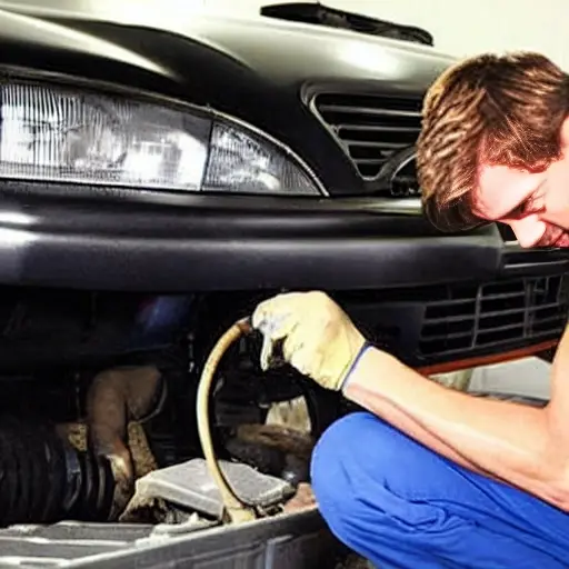 a low resolution, grainy, and blurry photo of a mechanic changing the oil in a 1994 Subaru Legacy, the car is parked in a dimly lit garage, the hood is open, an oil filter is visible, the scene is poorly lit and out of focus