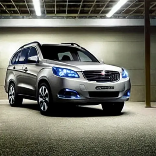 a low resolution, blurry, and grainy photograph of a Geely Emgrand X7 parked in a dimly lit garage, with the hood open revealing the engine compartment, diagnostic tools and cables scattered nearby