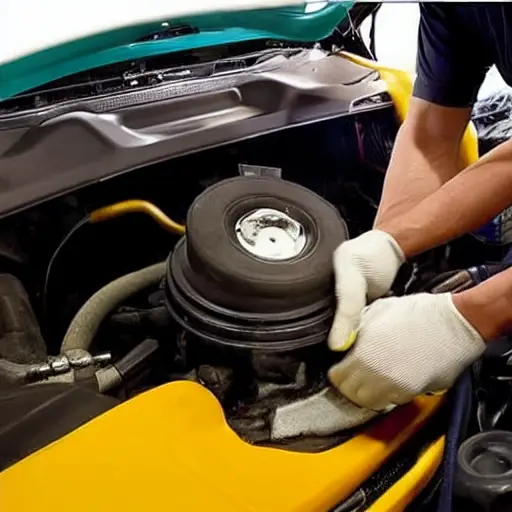 a low resolution, blurry, and grainy photograph of a mechanic changing the oil in a Pontiac G8, the car is slightly out of focus, the engine bay is dark and poorly lit, the oil filter is being removed, the image has a washed out color palette and visible digital noise