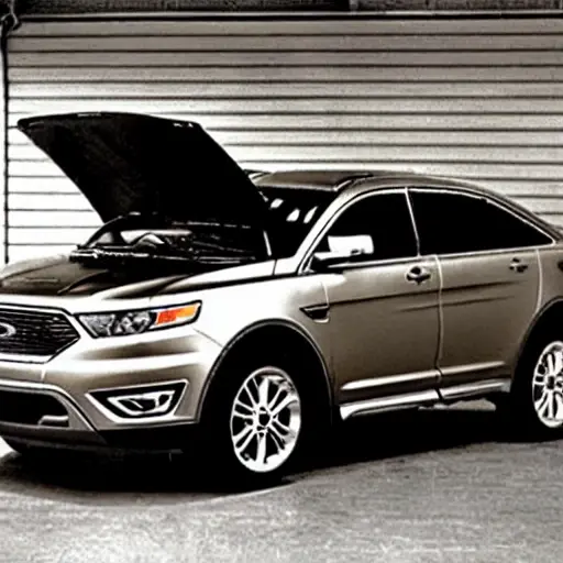 a low resolution, grainy photo of a Ford Taurus X parked in a dimly lit garage, a mechanic is looking at the engine bay with the hood open, blurry details, poor lighting