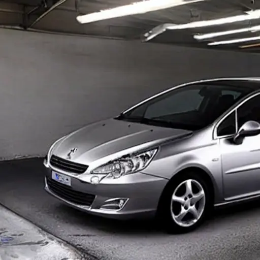 A blurry, low-resolution photo of a silver Peugeot 308 car from 2007 parked inside a dimly lit auto repair garage, with tools and car parts visible in the background