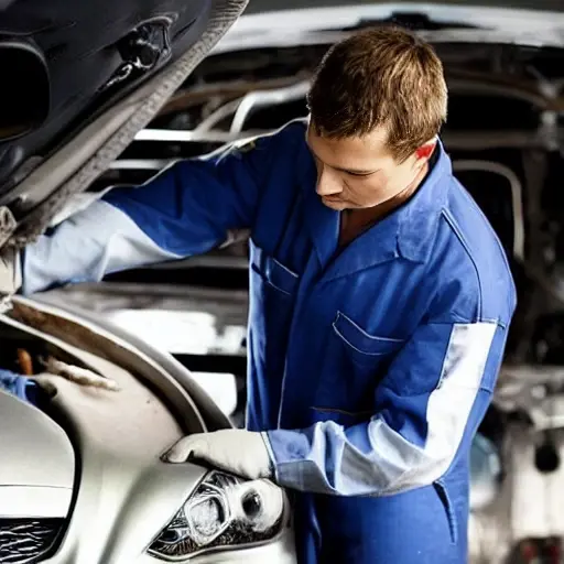 a blurry and grainy photograph of a mechanic working on the engine of a silver Infiniti Q60 in a dimly lit garage, using diagnostic tools, low resolution, poor lighting