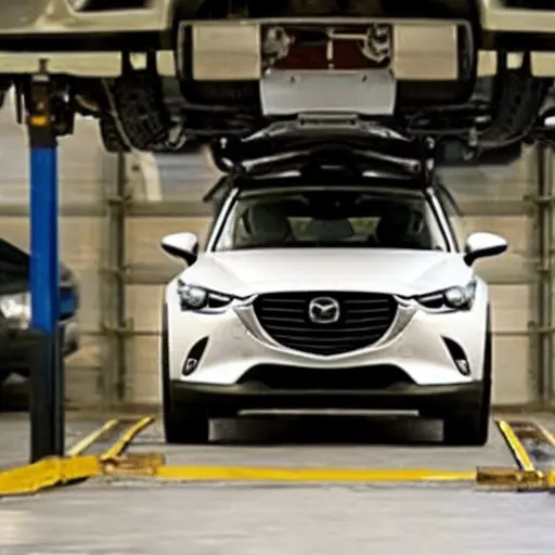 a blurry, low resolution photo of a mechanic working on the suspension of a Mazda CX-30 in a dimly lit garage, the car is on a lift, tools are scattered around, the image has visible noise and poor focus