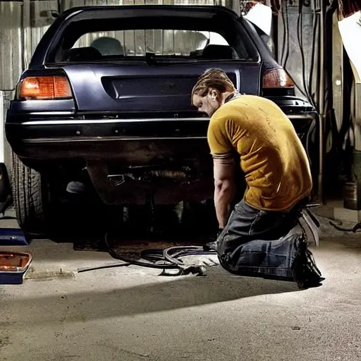 a gritty, low-resolution photograph of a mechanic working on the suspension of a 1996 Renault Megane in a dimly lit garage, tools scattered on the floor, blurry details, poor lighting