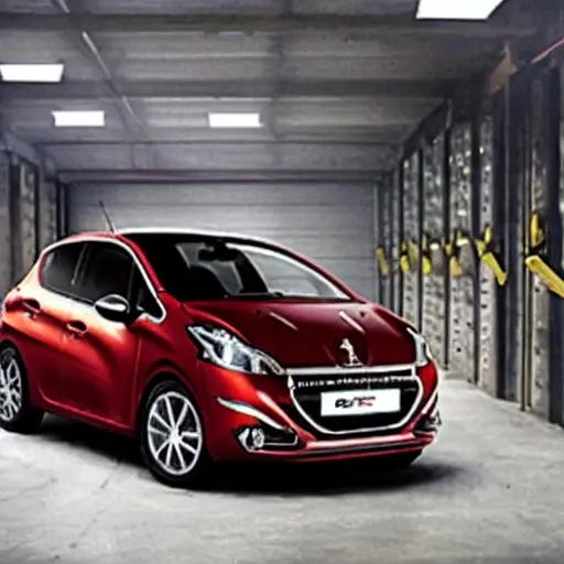 a low resolution, blurry photo of a Peugeot 208 car from 2012 parked inside a dimly lit auto repair garage, with tools and car parts scattered around