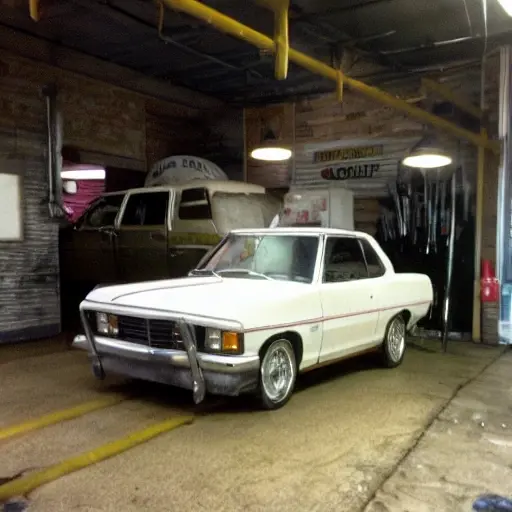 a blurry and grainy photograph of a white VAZ Largus Cross 2015 parked inside a dimly lit and cluttered auto repair garage, tools scattered on the floor, low resolution, poor lighting