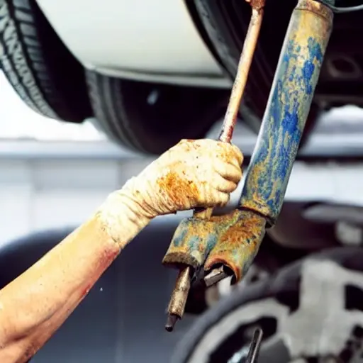 a blurry, low-resolution photograph of a car suspension system being repaired, showing a mechanic's hands holding a wrench near a rusted shock absorber, grainy texture, poor lighting