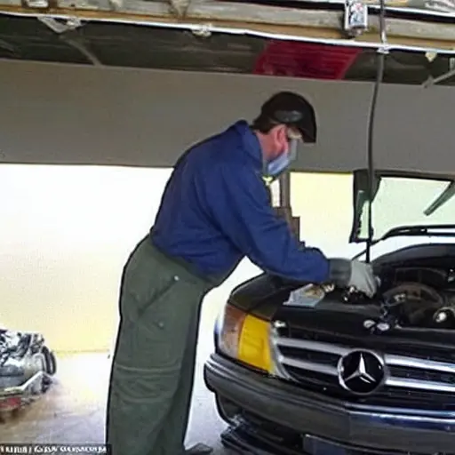 A low resolution, grainy photo of a mechanic in a garage changing the oil in a 1996 Mercedes SLK-class, the car is slightly blurry, the lighting is dim and yellowish, the image has compression artifacts and pixelation