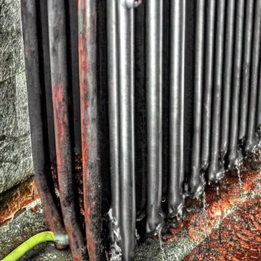 A low resolution, grainy photograph of a Honda Fit radiator being cleaned with water spray, dirty water dripping down, blurry background of a garage, poor lighting, washed out colors