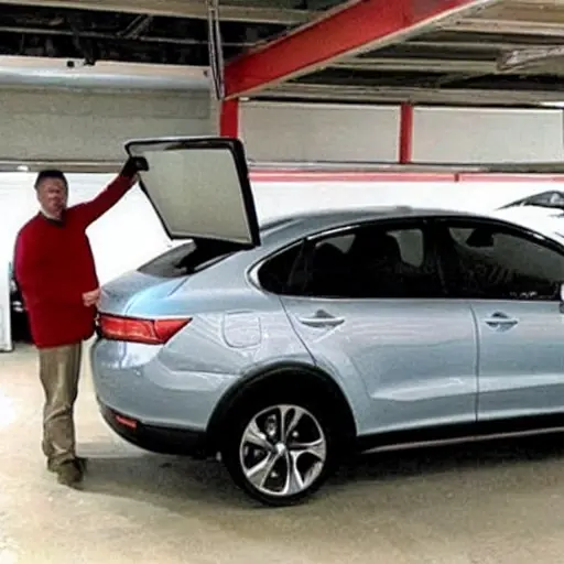 a blurry, low resolution photo of a Chery eQ7 2023 car in a garage, a mechanic holding a diagnostic tablet, poor lighting, grainy texture