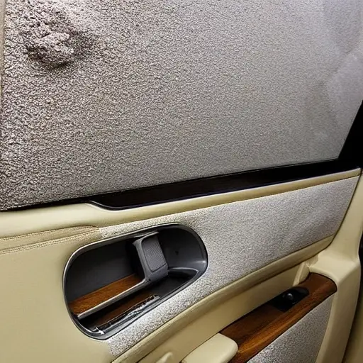a close-up view of a car door panel with layers of soundproofing foam and insulation material applied, showing the texture and installation details inside a vehicle interior, low resolution and grainy aesthetic