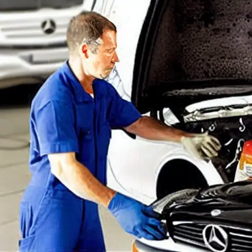 a low resolution, blurry, and pixelated photograph of a mechanic changing the oil in a Mercedes Vaneo, the car is slightly out of focus, the image has visible noise and poor lighting