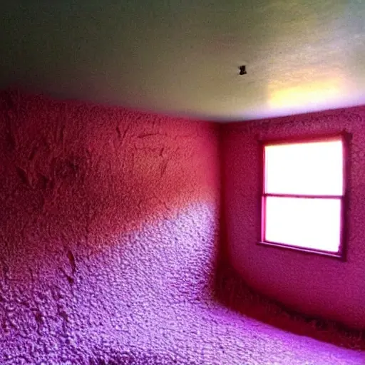 a blurry, low resolution photo of a messy room with exposed pink foam insulation panels on the walls and ceiling, poor lighting, grainy texture