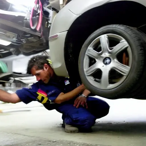 a low resolution, blurry, and grainy photograph of a mechanic working on the suspension of a Saab car in a dimly lit garage, the image has poor lighting and low contrast