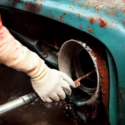 A low-quality, grainy photo of a car radiator being cleaned. The radiator is metal with visible dirt and grime. A person's hands are using a brush and water spray to wash it. The background is a blurry, dimly lit garage.
