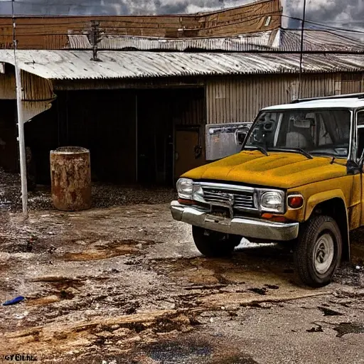 A gritty, low-resolution photograph of a 1990 Toyota Land Cruiser parked in a dimly lit, cluttered auto repair garage. The car is dirty and dusty, with visible scratches and dents. The garage floor is stained with oil, and there are scattered tools, spare tires, and car parts in the background. The lighting is poor, with harsh shadows and a yellowish tint.