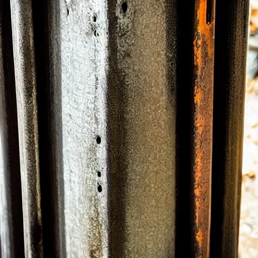 A close-up view of a radiator being cleaned, showing water spray and dirt being removed from the metal fins, low resolution, gritty texture