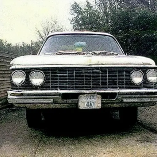 A low resolution, grainy, and blurry photograph of a GAZ 31105 car parked in a dimly lit garage. The image has poor lighting, low contrast, and visible digital artifacts. The car is shown from a side angle, with the hood open revealing the engine compartment.