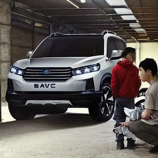 a blurry, low resolution, grainy photo of a BAIC BJ40 2021 model SUV in a garage, a mechanic is looking at the engine with a diagnostic laptop connected, poor lighting, pixelated details