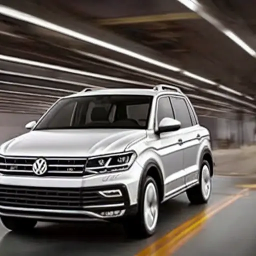 a blurry and grainy photo of a Volkswagen Teramont 2017 inside a dimly lit auto repair shop, the car is on a lift, tools are scattered around, low resolution, poor lighting