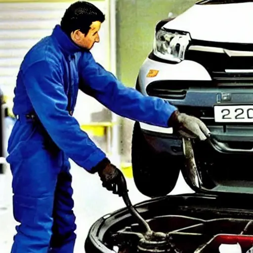 a low resolution, grainy photo of a mechanic changing oil in a Renault Kiger 2021, the car is on a lift, the oil drain plug is removed, dirty oil is flowing into a pan, blurry background, poor lighting, pixelated details