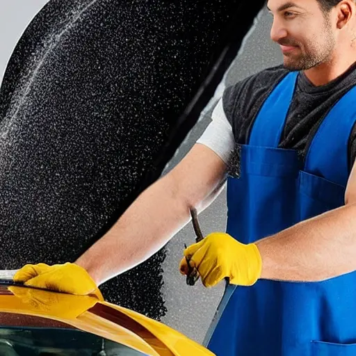 a blurry, low resolution photo of a mechanic replacing a windshield on a car in a garage, poor lighting, grainy texture