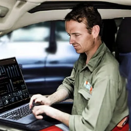 a blurry, low-resolution, pixelated photo of a mechanic using a diagnostic laptop connected to a Chery Arrizo 6 Pro car in a dimly lit garage, poor lighting, low contrast, noisy image